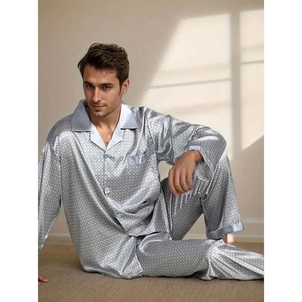 NWT Dreams M Men’s Silky Silver Satin Pants & Long sleeve top Shirt Pajama Set